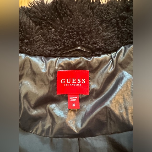 Guess Women's Faux Fur Trim Jacket Black Shiny Winter/Fall Packable Coat Size M - Picture 7 of 17